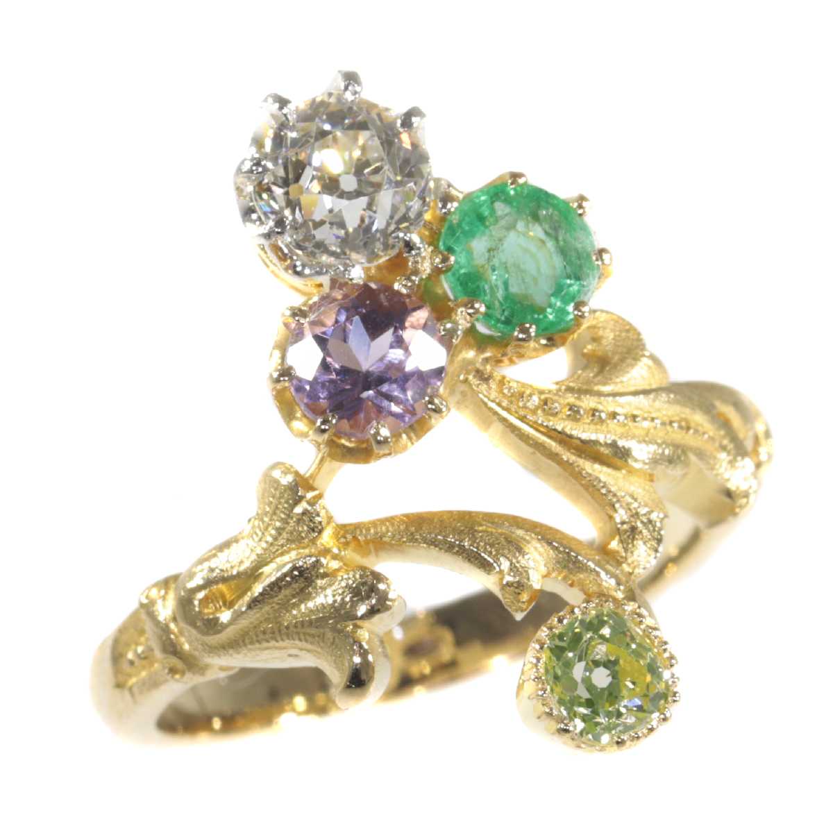 Antique ring typical so-called Suffragette diamond ring with precious stones